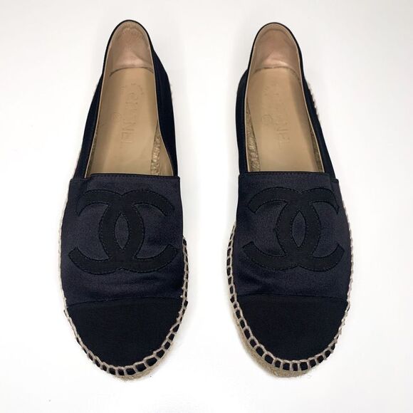 Chanel Satin CC Espadrille EU 38 US 7-7.5 Black Slip On Cap Toe Grosgrain Flat - Picture 13 of 13